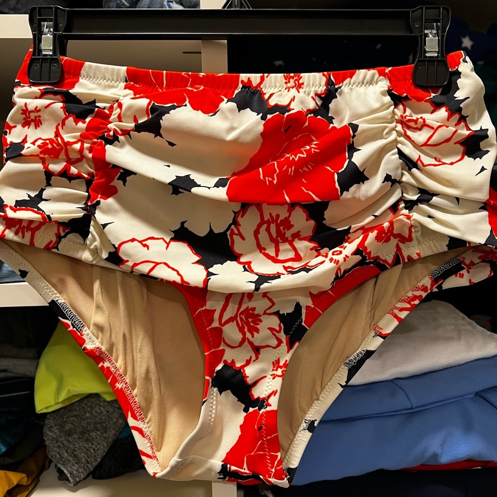 J. Crew Red Black and White Floral High-Waist Bikini Bottom